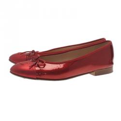 Pre Owned Chanel Red Leather CC Cap Toe Ballet Flats Size 39.5