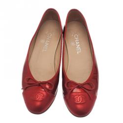Pre Owned Chanel Red Leather CC Cap Toe Ballet Flats Size 39.5