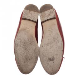 Pre Owned Chanel Red Leather CC Cap Toe Ballet Flats Size 39.5