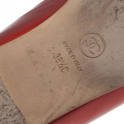 Pre Owned Chanel Red Leather CC Cap Toe Ballet Flats Size 39.5
