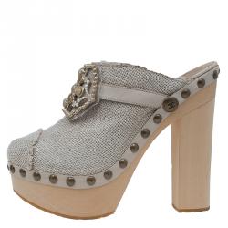Pre Owned Chanel Beige Embellished Canvas Platform Clogs Size 38