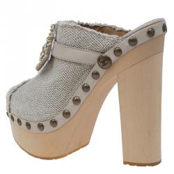Pre Owned Chanel Beige Embellished Canvas Platform Clogs Size 38