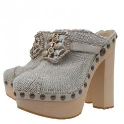 Pre Owned Chanel Beige Embellished Canvas Platform Clogs Size 38