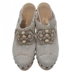 Pre Owned Chanel Beige Embellished Canvas Platform Clogs Size 38