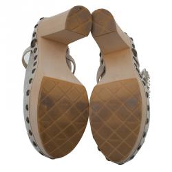 Pre Owned Chanel Beige Embellished Canvas Platform Clogs Size 38