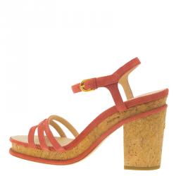 Pre Owned Chanel Pink Suede Strappy Cork Platform Sandals Size 38