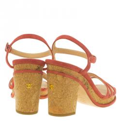 Pre Owned Chanel Pink Suede Strappy Cork Platform Sandals Size 38