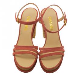 Pre Owned Chanel Pink Suede Strappy Cork Platform Sandals Size 38