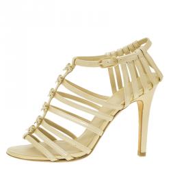 Chanel Beige Patent Bow Embellished Cage Sandals Size 36