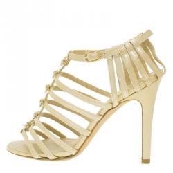 Chanel Beige Patent Bow Embellished Cage Sandals Size 36