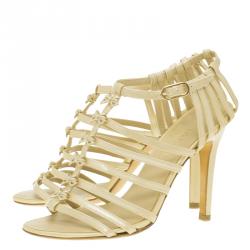 Chanel Beige Patent Bow Embellished Cage Sandals Size 36