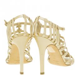 Chanel Beige Patent Bow Embellished Cage Sandals Size 36