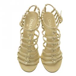 Chanel Beige Patent Bow Embellished Cage Sandals Size 36