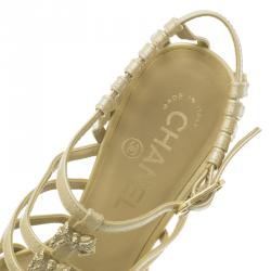 Chanel Beige Patent Bow Embellished Cage Sandals Size 36