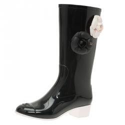 Chanel Black Camellia Rubber Rain Boots Size 36