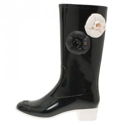 Chanel Black Camellia Rubber Rain Boots Size 36