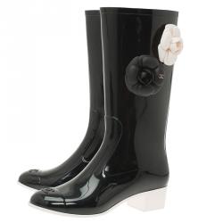 Chanel Black Camellia Rubber Rain Boots Size 36