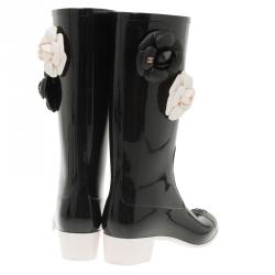 Chanel Black Camellia Rubber Rain Boots Size 36