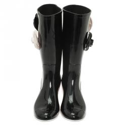 Chanel Black Camellia Rubber Rain Boots Size 36