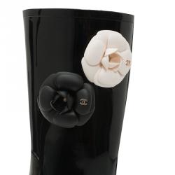 Chanel Black Camellia Rubber Rain Boots Size 36