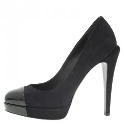 مملوكة مسبقًا Chanel Black Suede and Leather Cap Toe Platform Pumps Size 37.5