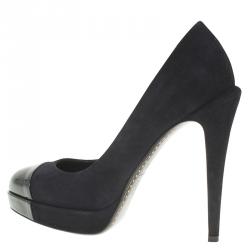 مملوكة مسبقًا Chanel Black Suede and Leather Cap Toe Platform Pumps Size 37.5