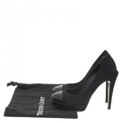 مملوكة مسبقًا Chanel Black Suede and Leather Cap Toe Platform Pumps Size 37.5