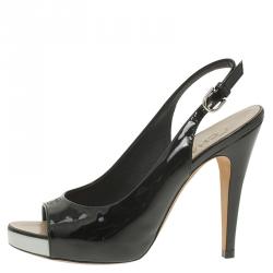 Chanel Black Patent Open Toe Platform Slingback Sandals Size 38