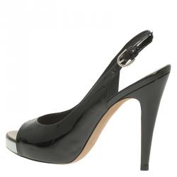 Chanel Black Patent Open Toe Platform Slingback Sandals Size 38