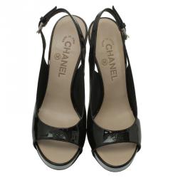 Chanel Black Patent Open Toe Platform Slingback Sandals Size 38