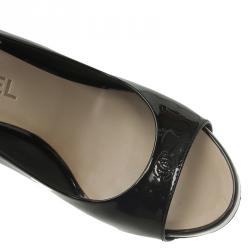 Chanel Black Patent Open Toe Platform Slingback Sandals Size 38