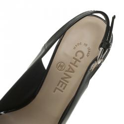 Chanel Black Patent Open Toe Platform Slingback Sandals Size 38