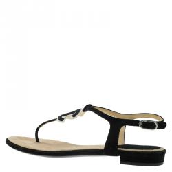 Chanel Black Suede CC Thong Sandals Size 37.5