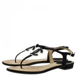 Chanel Black Suede CC Thong Sandals Size 37.5