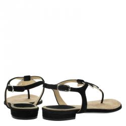 Chanel Black Suede CC Thong Sandals Size 37.5