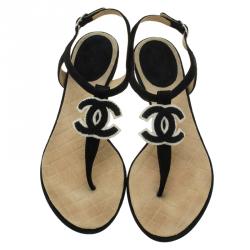 Chanel Black Suede CC Thong Sandals Size 37.5