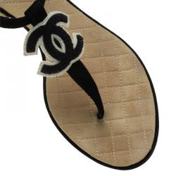 Chanel Black Suede CC Thong Sandals Size 37.5