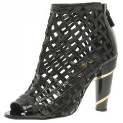 Chanel Black Patent Open Toe Cage Ankle Boots Size 36