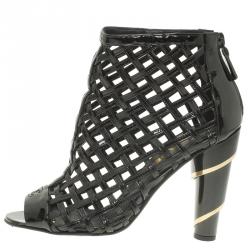 Chanel Black Patent Open Toe Cage Ankle Boots Size 36