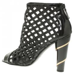 Chanel Black Patent Open Toe Cage Ankle Boots Size 36