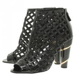 Chanel Black Patent Open Toe Cage Ankle Boots Size 36