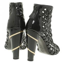 Chanel Black Patent Open Toe Cage Ankle Boots Size 36