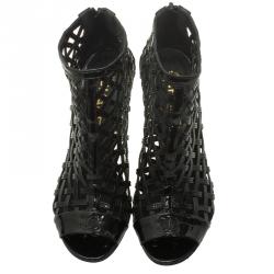 Chanel Black Patent Open Toe Cage Ankle Boots Size 36