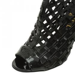 Chanel Black Patent Open Toe Cage Ankle Boots Size 36