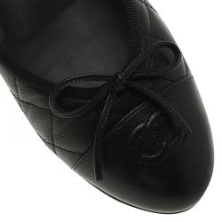 مملوكة مسبقًا حذاء باليرينا فلات شانيل جلد كافيار أسود مبطن CC بفيونكة مقاس 39.5