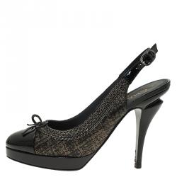 Pre Owned Chanel Black Leather CC Cap Toe Slingback Sandals Size 35.5