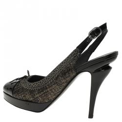 Pre Owned Chanel Black Leather CC Cap Toe Slingback Sandals Size 35.5