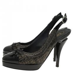 Pre Owned Chanel Black Leather CC Cap Toe Slingback Sandals Size 35.5