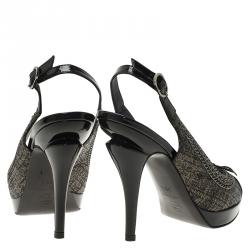 Pre Owned Chanel Black Leather CC Cap Toe Slingback Sandals Size 35.5