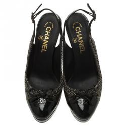 Pre Owned Chanel Black Leather CC Cap Toe Slingback Sandals Size 35.5